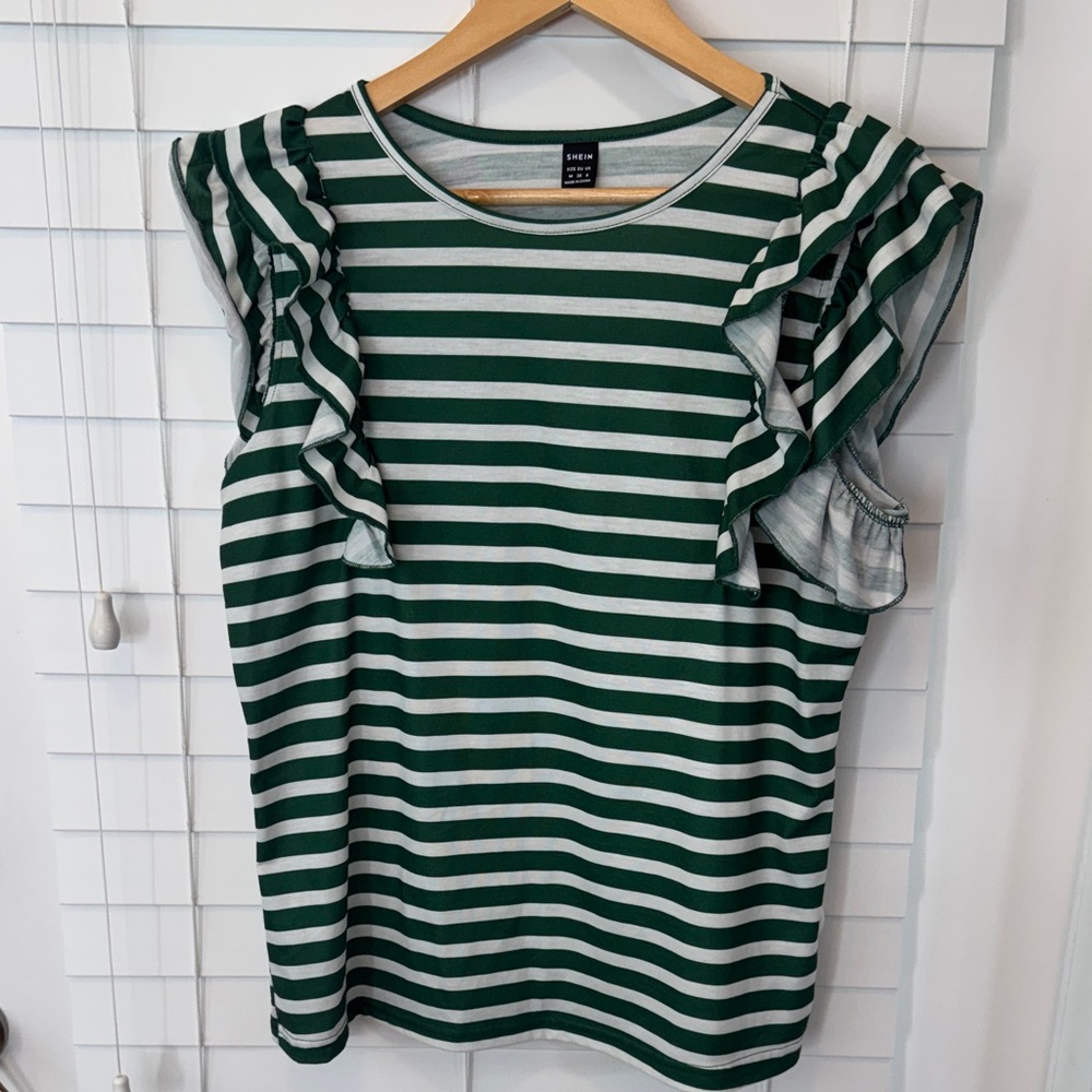 SHEIN Green and White Striped Ruffle Sleeve Blouse
